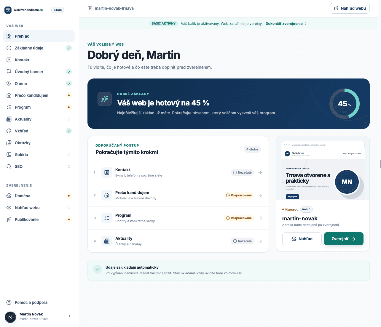 Dashboard WebPreKandidata.sk s prehľadom rozpracovaného volebného webu kandidáta Martina Nováka